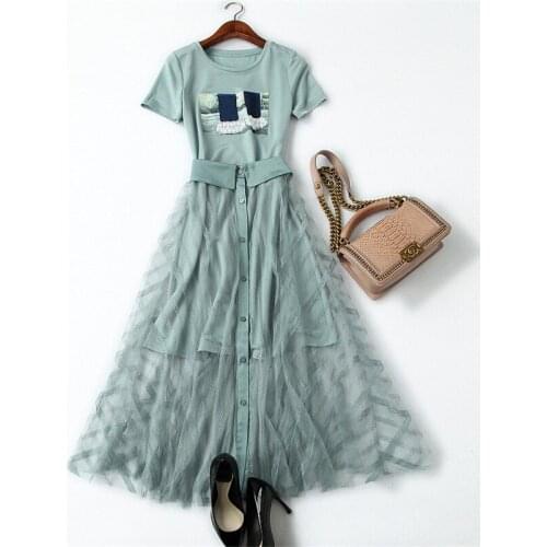 High Street Fashion Summer Dress Women Clothes 2019 New Designer Diamonds Long Casual T Shirt Lace Dress 2 Piece Set robe femme