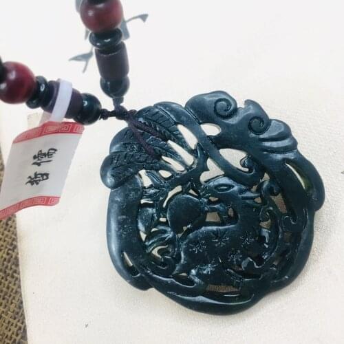 Zheru natural and Tian Moyu carved black openwork sika deer pendant with sandalwood beads necklace sweater chain