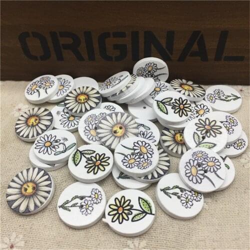 100pcs 20mm Sunflowers Printed Round Wood Buttons Scrapbooking Sewing 2 Holes DIY Crafts Accessories
