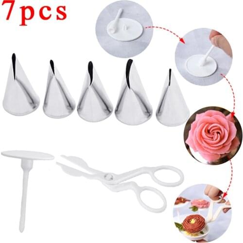7PCS Fondant Cake Decorating Set 1 Cake Flower Stand Nail 5 Cake Icing Piping Nozzle 1 Cake Scissors For Cream Flower Transfer