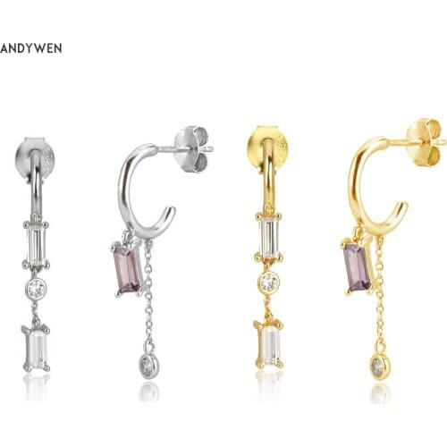 ANDYWEN 925 Sterling Silver Gold Purple Zircon Square Chain Drop Earring Luxury Piercing Rock Punk Irregular Fine Jewelry