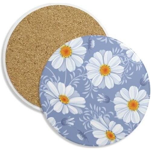 White Calliopsis Flower Plant Ceramic Coaster Cup Mug Holder Absorbent Stone for Drinks 2pcs Gift