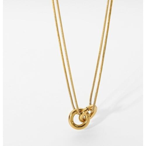 French Fashion 14k Gold Plated Stainless Steel Double Ring Pendant Necklace For Women Snake Chain Couple Chokers Jewelry