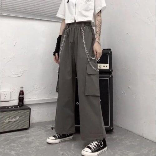 Overalls Womens Cargo Pants Summer Korean Loose Woman Baggy Pants Student Hip Hop Leisure High Waist Straight Wide Leg Pants