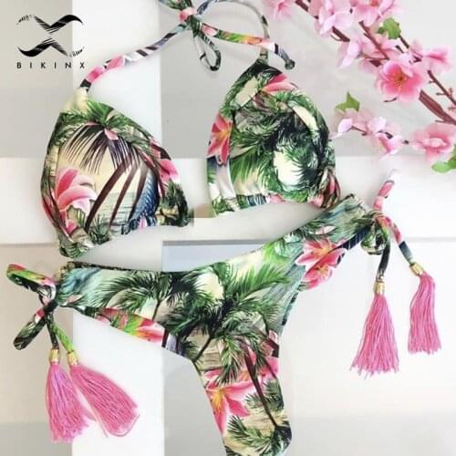 Tassel swimsuit with flowers Sexy push up bikinis 2020 mujer Triangle swimwear women summer bathers Tie up bathing suit swimsuit