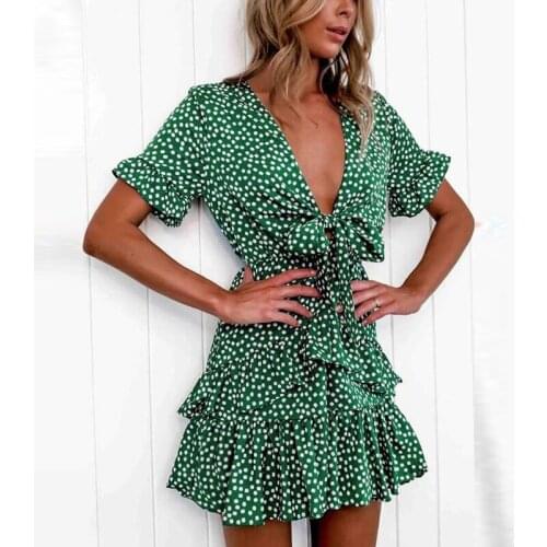 Summer 2021 Fashion Womens Dress Boho Floral Ruffle Short Mini Dress Knot Sexy V-neck Party Holiday Dresses Femme Vestido Mujer