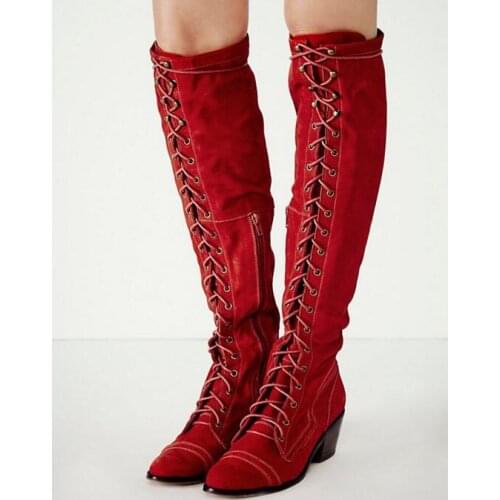 Hot Selling Red Women High Boots Round Toe Lace-up Front Low Chunky Heels Knee High Boots Ladies Ridding Boots Plus Size 10