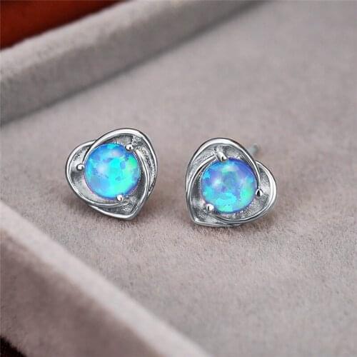 Cute Female White Blue Opal Earrings Trendy Silver Color Stud Earrings For Women Small Love Round Heart Wedding Earrings