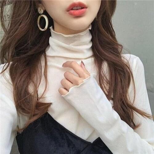 Fashion Turtleneck Lace Mesh Women Blouse Long Sleeve Sexy Solid Transparent All Match Basic Bottom Shirt Elegant Thin Slim Tops