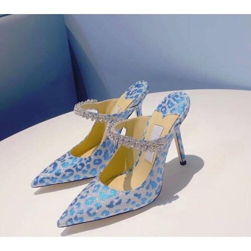 2021 Fashion Blue Leopard Sandal Women Luxury Designer Diamond Chain High Heels Shoes Lady Party Sexy Sandal Pump Shoes