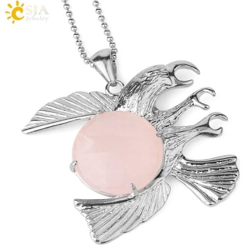 CSJA Natural Pink Quartz Pendant Necklace Animal Eagle Reiki Crystal Round Bead Pendants for Women Men Healing Jewelry Gift E916