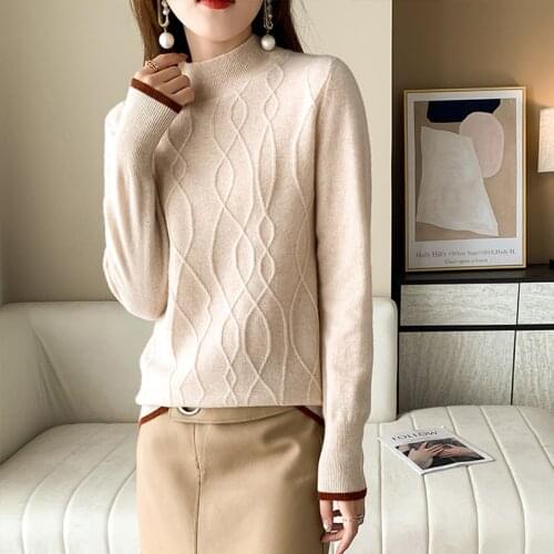 2021 fall/winter new ladies pullover casual solid color half high neck cashmere sweater 100% wool sweater plus size ladies XXL