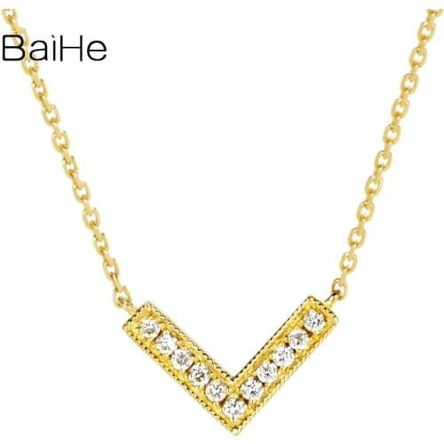 BAIHE Solid 18K Yellow Gold 0.06ct H/SI Round Natural Diamonds Women Trendy Fine Jewelry beautiful V Type Diamond Gift Necklaces