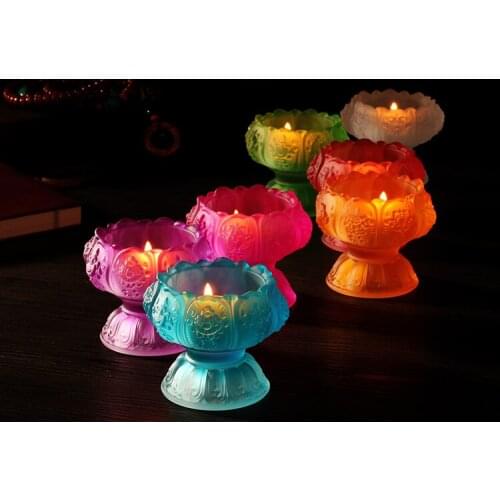 GOOD Wholesale Buddhist articles - HOME family Protection Talisman- 7 Colored Glaze Lotus lamp holder Holy water cup