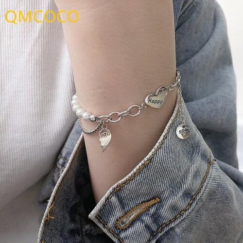 QMCOCO 925 Silver Bracelets For Woman New Trendy Elegant Charm Sweet Splicing Pearls Vintage Heart-Shape Bride Jewelry Gifts