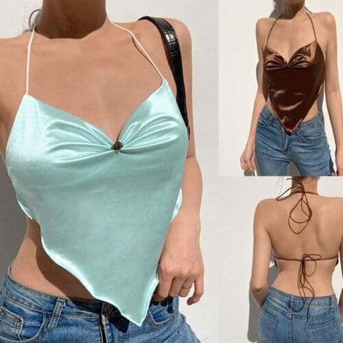 Sexy Ruched Y2K Brown Halter Tops Women Backless V-neck Vintage Korean Camisole Floral Aesthetic 90s Satin Shirts
