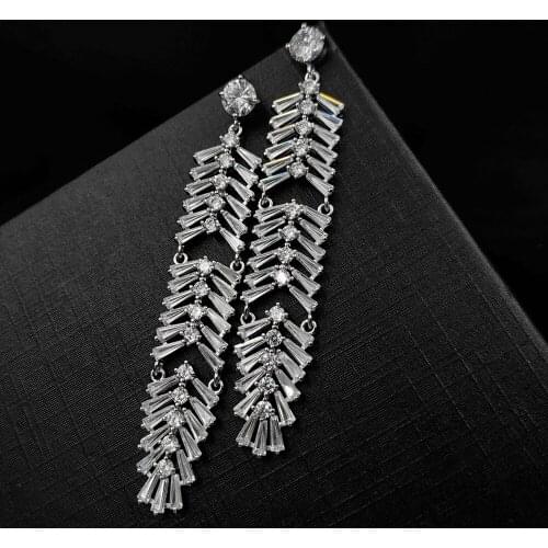Sparkling Baguette Cut CZ Prong Work Feathered Long Leaf Drop Earrings for Formal Affairs Holiday Birthday Special Occasions