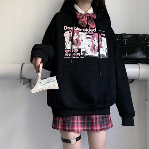 Y2K Aesthetics Graphic and Letter Harajuku Oversized Sweathirts E-girl Vintage 90s Crewneck Long Sleeve Black Tops cute Kawaii