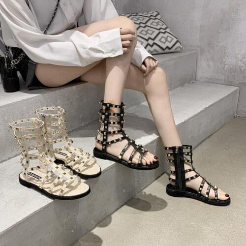 College wind Roman sandals female summer fashion rivet hollow open-toed flat high-top sandals fairy womens shoes tide X805