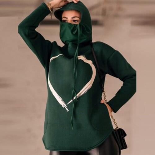Women Top Multifunctional Dustproof High-necked Pullover Printed Full-sleeve Hooded Sweatshirt Autumn Face Protect Solid Clothes