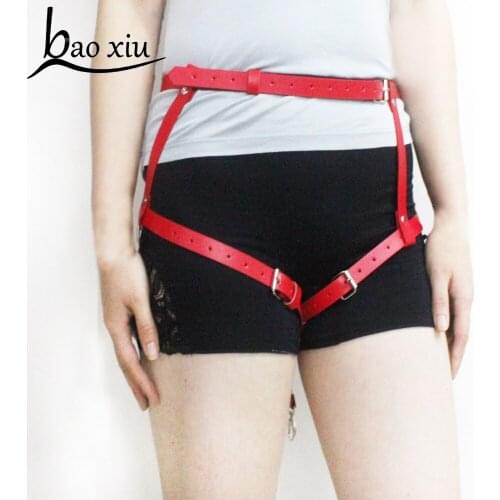 Vintage Women New Harajuku Corset Red Belt Faux Leather Punk Hook adjustable ring Handmade Unisex Sock Garter Bondage Straps