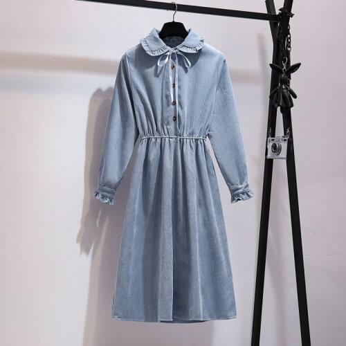 2021 Autumn Winter Corduroy Dress Women Casual Vintage Long Sleeve Knee Length Vestidos Female Peter Pan Collar Robe Femme