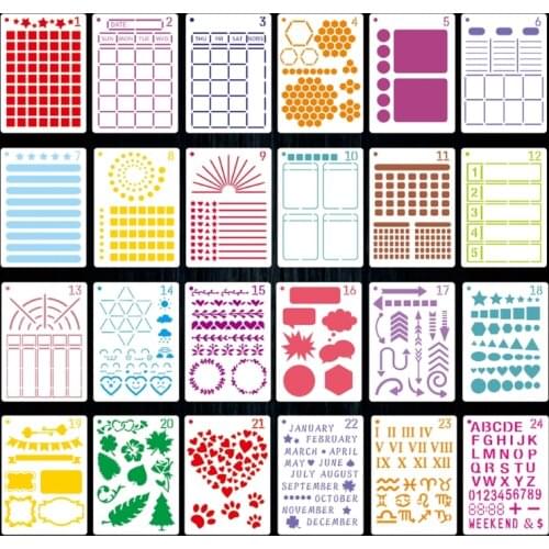24 Pack Journal Planner Stencils Reusable A5 Notebook Drawing Stencils Charts M2EC