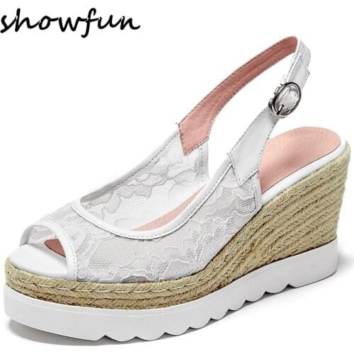 Womens genuine leather bordered lace patchwork wedge platform sandals open toe summer elegant ladies high heel dress pumps shoe