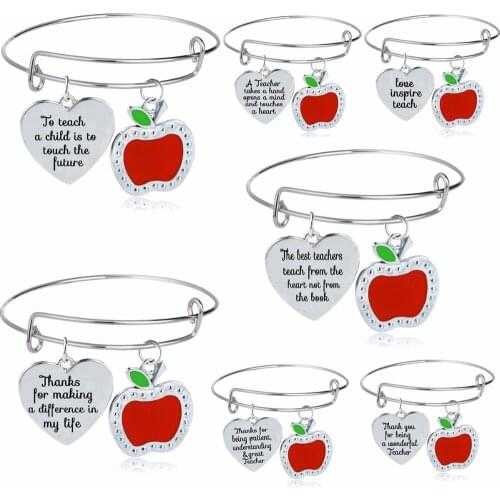 Love Heart Red Apple Charms Thank You Teachers Bangles Bracelets Gifts For Appreciation Teacher Jewelry Teachers Day Presents