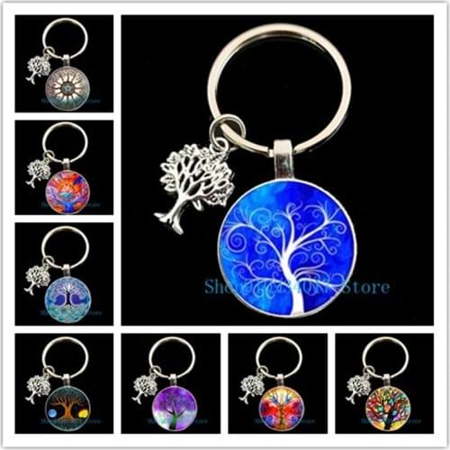 New Crystal Glass Tree of Life Keychain Art Photo Glass Pendant Keychain Tree of Family Gift Jewelry Charm Bag Souvenir Key Ring