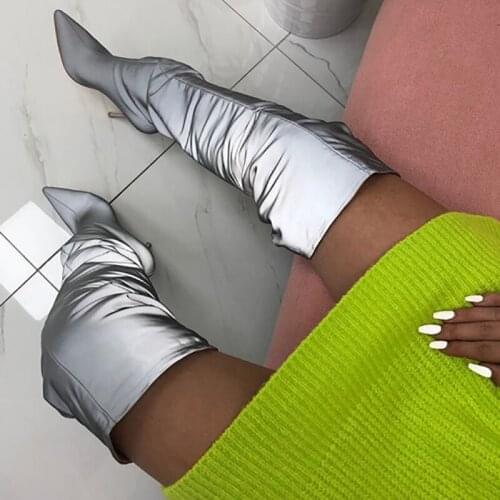 Dovereiss Fashion Womens Shoes Winter Pointed Toe Sexy gray pleated lighting Slip on Stilettos heels Over the knee boots 34-48