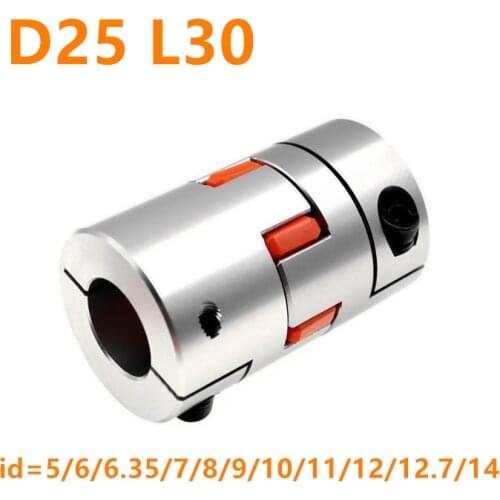 Flexible plum clamp coupler D25 L30 shaft size CNC Jaw shaft coupling inner diameter=5 6 6.35 7 8 9 10 11 12 12.7 14mm