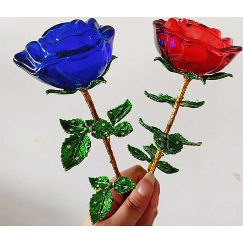 H&D Crystal Rose Flower with Green Leaves for Crystal Wedding Anniversary for Wife,Romantic Forever Gifts for Her (Red/Blue)