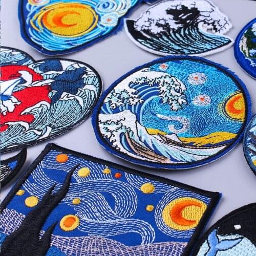 Hippie Van Gogh Heart Patch For Clothing Iron On Embroidered Patches For Clothes Outdoor Travel Patches For Badges Stripe Wave