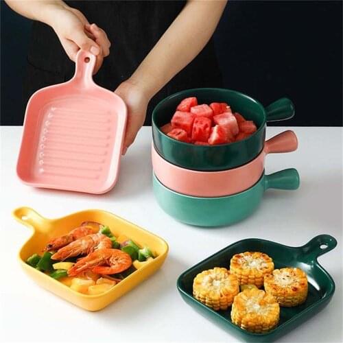 Nordic Ceramic Baking Plate Creative With Handle Oven Baking Tray Home Kitchen Dish Dinner Plates