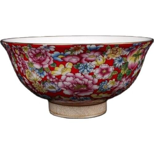 Chinese Old Porcelain Qianlong Style Red Ground Wanhua Reverse Mouth Bowl