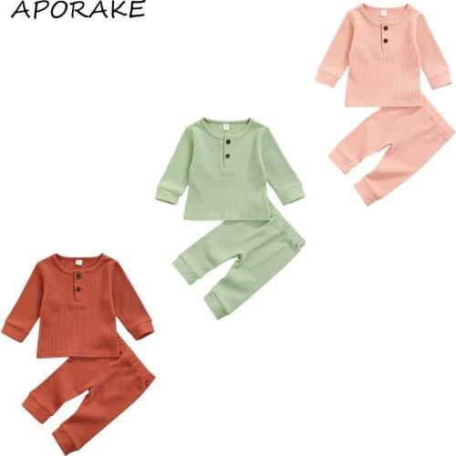 2021 0-18M Infant Baby Girl Boy Clothes Set Button Fly Solid Color Round Neck Knitted Long Sleeve Top+Pants Autumn Casual 2pcs