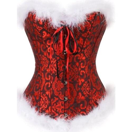 Womens Sexy Corset Bustier Lingerie Top Christmas Santa Costumes Feather Corselet Plus Size Overbust Burlesque Corset Black Red