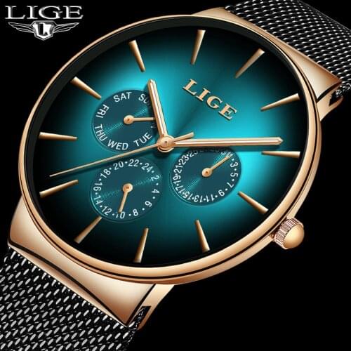 New LIGE Creative Mens Watches Top Brand Luxury Casual Mesh Belt Stainless Steel Quartz Watch For Men Sport Wristwatch+Box2020