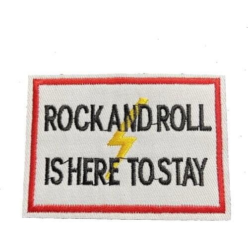 ROCK AND ROLL IS HERE TO STAY BADGE SEWING ON IRON PATCH RECTANGLE WHITE EMBROIDERIED STICKER FOR CLOTHING DIY HANDMADE HOT SALE