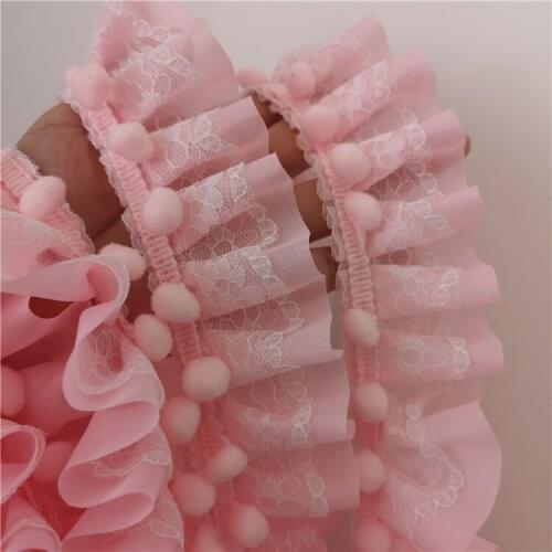 1 Meter Lovely Pink White Pompon Ruffled Chiffon Lace Trim DIY Lace Ribbon For Sewing Craft, Tutu Dress,Home Decor