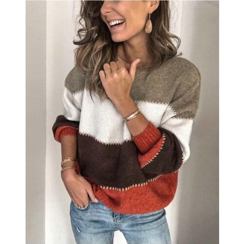 Fashion Women Knitted Sweater Jumper Long Sleeve Striped Ladies Pullover Loose Autumn Winter Tops