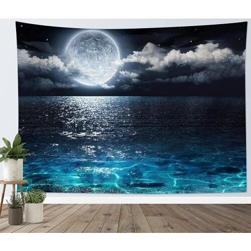 Moon Over Ocean Night Sky Wall Hanging 3D Fantasy Psychedelic Watercolor Tapestry Wall for Bedroom Living Room Dorm Home Decor