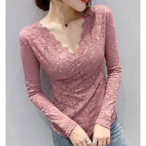 New 2021 Spring Autumn Long Sleeve Lace Tops Fashion Casual Hollow Out Womens T-Shirt Elegant Slim lace shirt