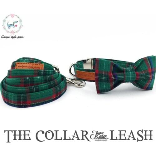 Dog Collar and Leash Set with Bow Tie Fashion Dark Green Plaid Metal Buckle Dog&Cat Necklace and Dog Leash Pet Accessories