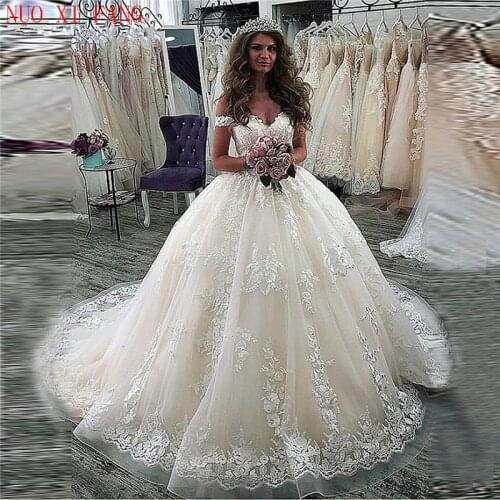 New Luxury Off Shoulder Lace Applique Ball Gown Wedding Dresses Wedding Gown Bride Dress Vestidos De Noiva 2020 robe de mariage
