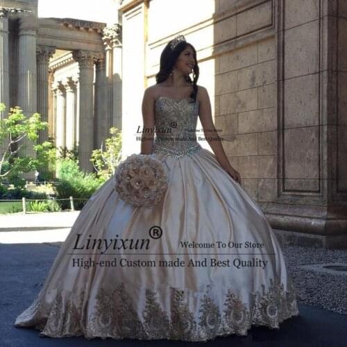 Luxury Gold Lace Sweet 16 Quinceanera Dresses 2021 Ball Gown Crystals Plus Size Satin Masquerade Vestidos 15 Anos Prom Dress