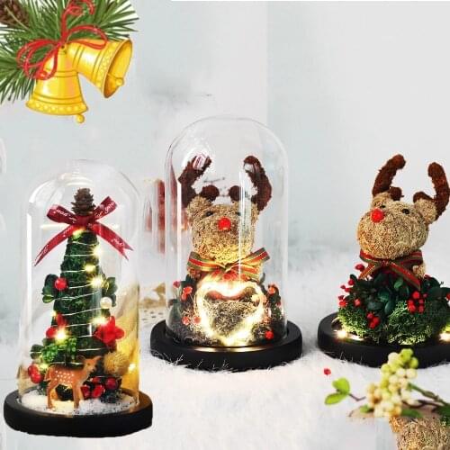 Artificial Christmas Tree Ornaments Home Decor Dried Flowers Rose Elk Deer In Glass Cover With LED Lights Gifts For The New Year