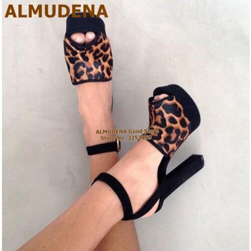 ALMUDENA Chunky Heels Gladiator Sandals Leopard Patchwork Platform Dress Shoes Open Toe Suede Buckle Strap Party Shoes Size46