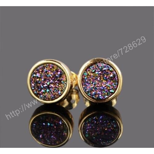 BOROSA 5Pair/lot 8mm Round Natural Crystal Druzy Stud Earrings Gold Color Rainbow Druzy Stone Earrings G0198-rainbow
